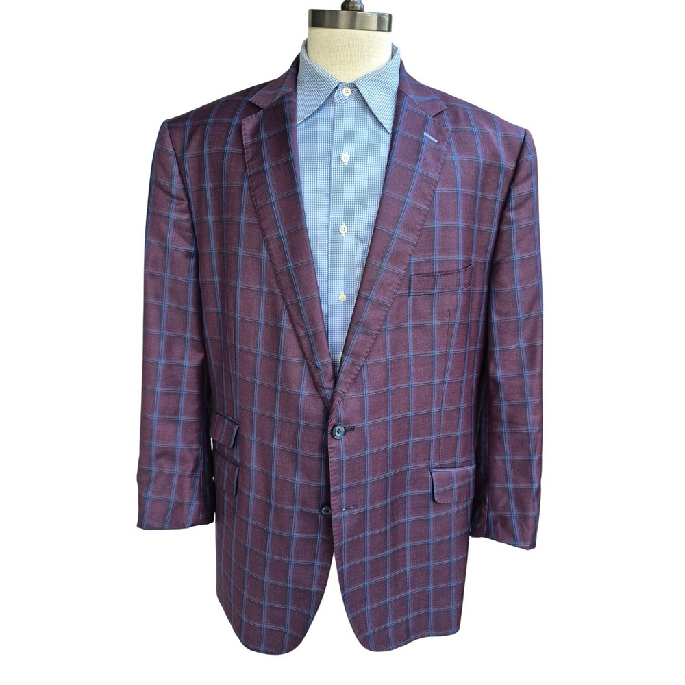 J. Hilburn Burgundy Blue Plaid Wool Sport Coat Blazer Portugal Custom 50 R L